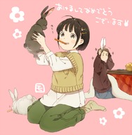 animal_ears blush_stickers bunny bunny_ears eating father_and_daughter food fruit holding_up kotatsu mosuko mouth_hold orange original simple_background sitting table wariza // 684x700 // 285.1KB