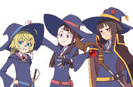 3girls akko_kagari belt blonde_hair blue_eyes brown_hair cape commentary_request cosplay crossover dress fingerless_gloves gloves hand_on_hip hat kagari_atsuko kagari_atsuko_(cosplay) kono_subarashii_sekai_ni_shukufuku_wo! little_witch_academia long_hair looking_at_viewer looking_back megumin multiple_crossover multiple_girls needle_(pixiv20529936) red_eyes season_connection short_hair smirk staff sword tanya_degurechaff trait_connection upper_body weapon witch_hat youjo_senki // 1500x980 // 860KB