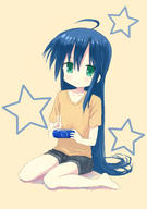 1girl :3 blue_hair casual green_eyes highres isou_nagi izumi_konata long_hair lucky_star playstation_vita v // 900x1278 // 404KB