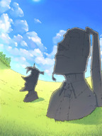 akinbo_(hyouka_fuyou) bad_id easter_island grass hatsune_miku headset kagamine_len moai necktie no_humans parody scenery statue twintails vocaloid // 600x800 // 72.1KB