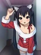 animal_ears bare_shoulders black_hair blush brown_eyes cat_ears christmas down_blouse hairband k-on! long_hair nakano_azusa open_mouth ryunnu santa_costume solo standing thighhighs twintails white_thighhighs // 600x800 // 144.9KB