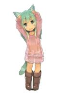 1girl animal_ears arms_up boots cat_ears cat_tail dress green_eyes green_hair hands_on_head long_hair original paprika_shikiso solo standing tail tears transparent_background // 680x1000 // 347KB
