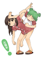 2girls ayase_ena barefoot child climbing feet green_hair koiwai_yotsuba kosame_daizu legs multiple_girls sandals sweatdrop wrestling yotsubato! // 599x800 // 241KB
