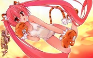 :o animal_ears bare_shoulders blush dutch_angle fang gloves hidan_no_aria highres kanzaki_h_aria kobuichi kugimiya_rie long_hair looking_at_viewer open_mouth paw_gloves paws pink_hair red_eyes school_swimsuit seiyuu_connection simple_background solo swimsuit tail tiger_ears tiger_tail twintails very_long_hair white_school_swimsuit // 1920x1200 // 2.2MB