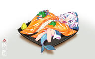 1girl animal_costume animal_hood bangs bare_legs barefoot bloop_(gawr_gura) blue_eyes blue_hair blue_hoodie blunt_bangs carrot chaki_(teasets) chibi commentary_request eating fish fish_tail food gawr_gura hair_ornament highres holding holding_food hololive hololive_english hood hoodie in_food leaf looking_at_viewer lying minigirl multicolored_hair open_mouth plate rice shark_costume shark_girl shark_hair_ornament shark_hood shark_print shark_tail sharp_teeth silver_hair sleeves_past_wrists solo streaked_hair sushi tail teeth two_side_up // 3150x1969 // 722.6KB