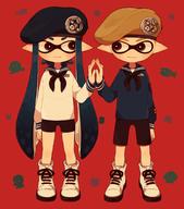 1boy 1girl beret bike_shorts domino_mask hat highres inkling long_hair ma-to mask pointy_ears sailor_collar shoes smile splatoon tentacle_hair // 1500x1700 // 804.9KB