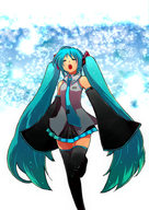 aqua_hair closed_eyes cloud detached_sleeves hatsune_miku himukai_yuusuke long_hair necktie open_mouth skirt sky sleeves_past_wrists solo thigh-highs twintails very_long_hair vocaloid // 700x988 // 359KB