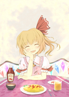 blonde_hair bowl bunchou_(bunchou3103) chin_rest closed_eyes fang flandre_scarlet food glass jewelry ketchup omurice open_mouth orange_juice ring short_hair side_ponytail smile solo table touhou wings // 2480x3507 // 2.8MB