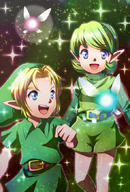 1girl :d azumi_(tks-sd) belt blonde_hair blue_eyes fairy green_hair link long_sleeves navi nintendo ocarina_of_time open_mouth pointy_ears saria shorts smile sparkle the_legend_of_zelda tks-sd tunic turtleneck young_link // 589x872 // 183.9KB