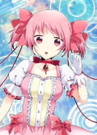 326 bow choker frills gloves hair_bow jewelry kaname_madoka magical_girl mahou_shoujo_madoka_magica open_mouth pendant pink_eyes pink_hair puffy_sleeves solo twintails // 800x1115 // 590KB