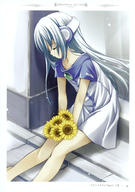 1girl absurdres blue_hair flat_chest flower flower_(kowarekake) goma headphones highres kowarekake_no_orgel long_hair solo sunflower // 2106x3006 // 1.8MB