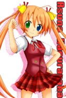 bell heterochromia kagurazaka_asuna kiiro long_hair mahou_sensei_negima! orange_hair plaid_skirt school_uniform skirt tartan twintails // 804x1200 // 802.4KB