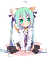 1girl :< ahoge animal_ears bell bell_collar cat_ears cat_tail collar green_eyes green_hair hatsune_miku highres jingle_bell long_hair necktie simple_background sitting skirt solo tail thighhighs torinannkotsukushi twintails very_long_hair vocaloid wariza white_background // 850x1046 // 160KB