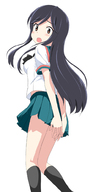 a_channel black_hair black_legwear blush brown_eyes covering covering_ass hands_behind_back kneehighs long_hair looking_back open_mouth pleated_skirt school_uniform simple_background skirt takayaki yuuko_(a_channel) // 482x1000 // 157.6KB