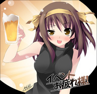 beer brown_hair drunk fang froth kantoku raised_eyebrow short_hair suzumiya_haruhi suzumiya_haruhi_no_yuuutsu // 600x584 // 127KB
