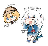 2girls :d among_us animal_hood bangs blonde_hair blue_eyes blue_hair chibi creepy_himecchi cropped_torso crying crying_with_eyes_open deerstalker english_text fish_tail gawr_gura hair_ornament hat holding holding_weapon hololive hololive_english hood long_sleeves looking_at_viewer medium_hair monocle_hair_ornament multicolored_hair multiple_girls necktie open_mouth red_neckwear shark_hood shark_tail sharp_teeth shirt short_hair short_necktie simple_background smile tail tears teeth two_side_up virtual_youtuber watson_amelia weapon white_background white_hair white_shirt // 1231x1181 // 492.5KB