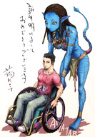 2010 avatar_(movie) blue_skin braid gally gunnm jake_sully konkitto na'vi new_year neytiri pointy_ears size_difference t-shirt tail wheelchair // 720x1039 // 234.6KB