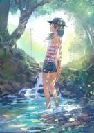 1girl arms_behind_back bare_shoulders baseball_cap black_eyes brown_hair dappled_sunlight flat_chest hands_clasped hat highres horizontal_stripes light_particles long_hair original partially_submerged power_lines profile shorts sketch solo standing stream striped_tank_top sunlight tank_top telephone_pole tree wading water wind you_(shimizu) // 848x1200 // 943KB