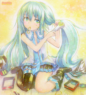 aqua_eyes aqua_hair bare_shoulders boots hair_brush hair_down hairdressing hatsune_miku long_hair mayo_riyo mouth_hold necktie open_clothes open_shirt sitting spring_onion sweat sweatdrop thigh_boots thighhighs traditional_media vocaloid wariza young // 905x1000 // 704KB