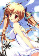 :d absurdres breasts brown_eyes brown_hair dress highres mikeou open_mouth ribbon sideboob sky smile solo tagme tree twintails // 3258x4678 // 2.5MB
