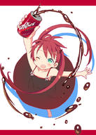 1girl ahoge barefoot blush child dr_pepper dr_pepper-tan dress green_eyes kishiri_toworu long_hair product_placement red_hair soda_can solo twintails wink // 740x1036 // 376KB