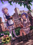 2girls ankle_boots apple bat_wings black_gloves blue_dress blue_hair boots braid cake chair cookie cup dress dutch_angle flower flower_pot food fruit garter_straps gloves grapes hat hat_removed highres izayoi_sakuya knife kurione_(zassou) maid maid_headdress mansion multiple_girls peeling pink_dress pink_hair plant purple_hair red_eyes remilia_scarlet scarlet_devil_mansion shade short_hair silver_hair sitting standing sunflower table tea tea_set teacup teapot thighhighs tiered_tray touhou twin_braids white_legwear wings wrist_cuffs // 1096x1500 // 1.2MB