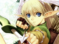 1girl absurdres against_tree angel_wings archery arrow binding_discoloration blonde_hair blue_eyes bow_(weapon) close elf elwing fingerless_gloves gloves head_wings highres in_tree long_hair midriff pointy_ears pov quiver scan shining_tears shining_wind sitting sitting_in_tree skirt smile solo taka_tony tree wallpaper weapon wings // 1980x1485 // 1.9MB