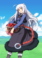 animal_ears apple basket blush braid crossover diesel-turbo dog_days fang food fruit holo_(cosplay) leonmitchelli_galette_des_rois logo open_mouth pantyhose parody seiyuu_joke silver_hair skirt solo spice_and_wolf yellow_eyes // 764x1052 // 639.0KB