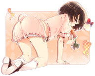 animal_ears ass bad_id blush brown_eyes brown_hair bunny_ears bunny_tail buriki carrot eating heart inaba_tewi legs looking_back mary_janes midriff ribbon sexually_suggestive shoes skirt tail touhou // 855x681 // 197KB
