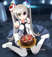 angry bare_shoulders blush boots cake detached_sleeves english food glados hairpods hangaku heterochromia highres kneeling long_hair necktie pastry personification portal sitting thighhighs tray tsundere twintails white_hair white_thighhighs // 1600x1768 // 455KB