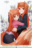 2girls absurdres animal_ears ass ayakura_juu blush brown_hair collaboration dual_persona fang flower grin hand_on_head highres holo hug koume_keito long_hair looking_back multiple_girls petals petting red_eyes scan smile spice_and_wolf tail time_paradox wolf_ears wolf_tail // 2033x3035 // 4.7MB