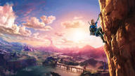 1boy arm_up arrow backlighting behind_back blonde_hair blue_eyes blue_shirt boots bridge brown_boots building cliff climbing cloud evening field fletches grey_pants highres knee_boots lake link male_focus mountain official_art orange_sky pants quiver scenery sheath sheathed shirt shore sky smoke solo sunset sword the_legend_of_zelda the_legend_of_zelda:_breath_of_the_wild tunic volcano water weapon // 5120x2880 // 5.5MB