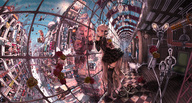 artist_xref_needed checkered checkered_floor cityscape dog fisheye flower garter_belt gothic_lolita high_heels highres john_hathway lace lace-trimmed_thighhighs lolita_fashion long_hair oga12x_(pixiv21062) original red_eyes reflection rose scenery shoes silver_hair tagme thighhighs // 1600x859 // 942KB