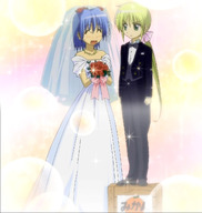 ^_^ androgynous ayasaki_hayate bouquet box bride cap cardboard_box crossdressing dress formal hayate_no_gotoku! highres mikan_box reverse_trap sanzen'in_nagi stitched suit trap wedding_dress // 1280x1353 // 185KB