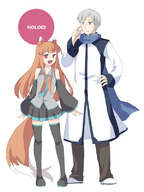 animal_ears blue_eyes brown_hair cosplay craft_lawrence detached_sleeves hatsune_miku hatsune_miku_(cosplay) holo kaiso kaito kaito_(cosplay) legs long_hair necktie red_eyes scarf short_hair silver_hair skirt spice_and_wolf tail thighhighs vocaloid wolf_ears wolf_tail zettai_ryouiki // 600x800 // 81.8KB