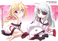 2girls :< age_regression ahoge bare_shoulders barefoot blonde_hair charlotte_dunois eyepatch feet infinite_stratos kitahara_tomoe_(artist) laura_bodewig long_hair looking_back multiple_girls off_shoulder oversized_clothes purple_eyes red_eyes silver_hair translated young // 800x566 // 210KB