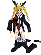 :< blazblue blonde_hair boxers cosplay dokkanohukukaityou guilty_gear hair_ribbon highres oversized_clothes rachel_alucard ribbon slayer slayer_(cosplay) twintails // 900x1200 // 411.8KB