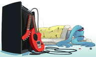 amplifier blue_hair broken cable futon guitar hatsune_miku instrument long_hair lying nagian sleeping spring_onion twintails vocaloid // 1500x900 // 151.0KB