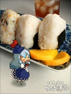 blue_hair chibi food hat kamishirasawa_keine kawanabe minigirl onigiri takuan touhou // 600x790 // 410.7KB