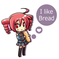 :t <3 ahoge blush_stickers bread chibi detached_sleeves drill_hair eating english french_bread heart kasane_teto kuromine red_eyes red_hair short_hair simple_background skirt thighhighs truth twintails utau // 600x600 // 128.5KB