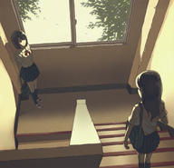 2girls ame_(conronca) arms_behind_back bag from_above holding kneehighs leaf long_hair looking_down looking_up mary_janes multiple_girls muted_color original ribbon school_bag school_uniform shoes short_hair short_sleeves skirt smile socks stairs standing sunset waiting window yellow // 600x577 // 143.3KB