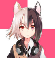 1girl animal_ears black_hair bose bust copyright_request headphones headphones_around_neck heterochromia looking_at_viewer multicolored_hair pink_eyes red_eyes shirabi_(life-is-free) short_hair solo sweater_vest two-tone_hair white_hair // 610x644 // 249KB