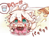 1girl @_@ ahoge animal_ears blonde_hair blush chibi commentary glass hand_on_mouth ia_(vocaloid) potato_chips ritateo running sweat tears vocaloid // 850x638 // 204.1KB
