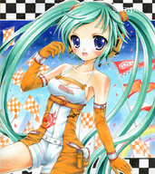 blue_eyes breasts cleavage elbow_gloves gloves green_hair hatsune_miku makiri race_queen sample twintails vocaloid // 800x896 // 894.2KB
