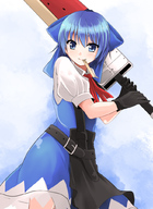 advent_cirno blue_dress blue_eyes blue_hair bow cirno dress gloves hair_bow meneru mouth_hold popsicle ribbon short_hair solo sword touhou weapon wings // 744x1023 // 255KB
