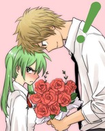 adult blush bouquet couple flower green_eyes green_hair head_to_head jpeg_artifacts koiwai_yotsuba necktie neko_yuuko rose tsundere twintails yanda yotsubato! // 472x590 // 83KB