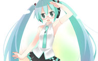 :d aqua_eyes aqua_hair arata_toshihira arm_up armpits bespectacled glasses hatsune_miku headphones highres long_hair necktie open_mouth skirt smile solo twintails very_long_hair vocaloid vocaloid_(lat-type_ver) // 1920x1200 // 254KB