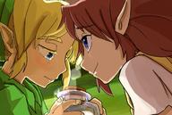 blonde_hair blue_eyes bottle brown_hair link long_hair malon natsukusa_mikan ocarina_of_time pointy_ears smile the_legend_of_zelda // 1327x893 // 288.6KB