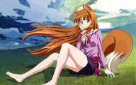 animal_ears barefoot brown_hair cloud feet grass highres holo long_hair outdoors red_eyes sky smile spice_and_wolf tail wallpaper wolf_ears // 1920x1200 // 1.1MB