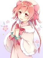 1girl :d ahoge blush bow bracelet braid cape flower hands_together hat hat_bow jewelry leafwow lily_(netojuu_no_susume) long_hair looking_at_viewer netojuu_no_susume open_mouth pink_bow pink_eyes pink_hair smile solo standing twin_braids // 800x1066 // 646.8KB